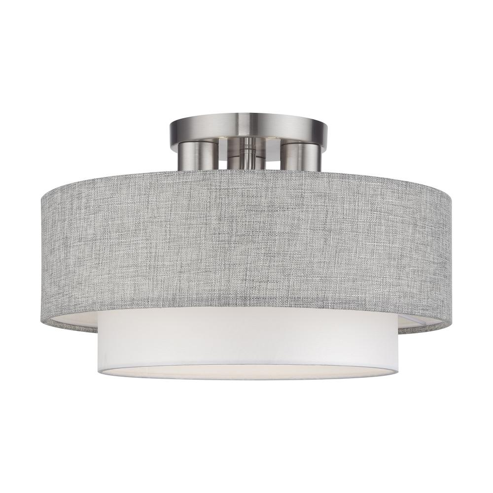 3 LT Brushed Nickel Large Semi-Flush with Hand Crafted Urban Gray & White Fabric Hardback Shades
