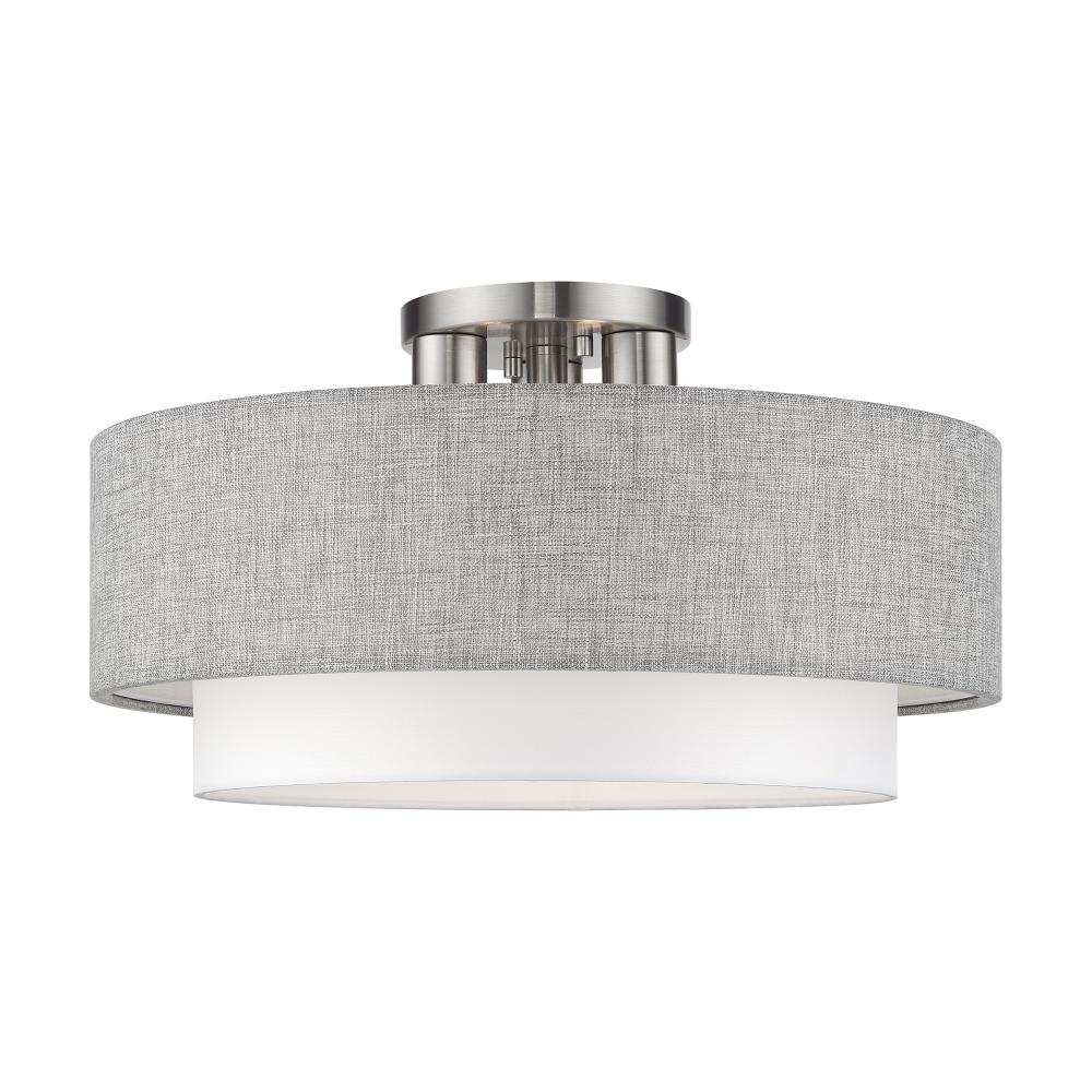 3 LT Brushed Nickel Large Semi-Flush with Hand Crafted Urban Gray & White Fabric Hardback Shades