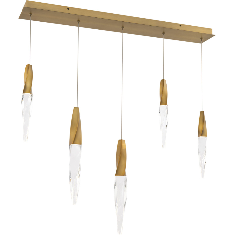 Kindjal 5 Light 120-277V Multi-Light Pendant (Linear Canopy) in Aged Brass with Clear Optic Crysta