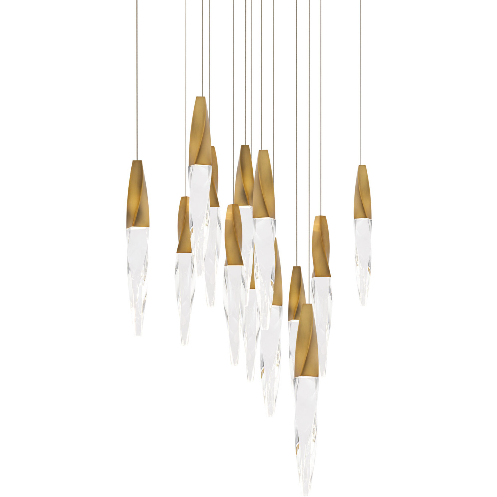 Kindjal 13 Light 120-277V Multi-Light Pendant (Square Canopy) in Aged Brass with Clear Optic Cryst