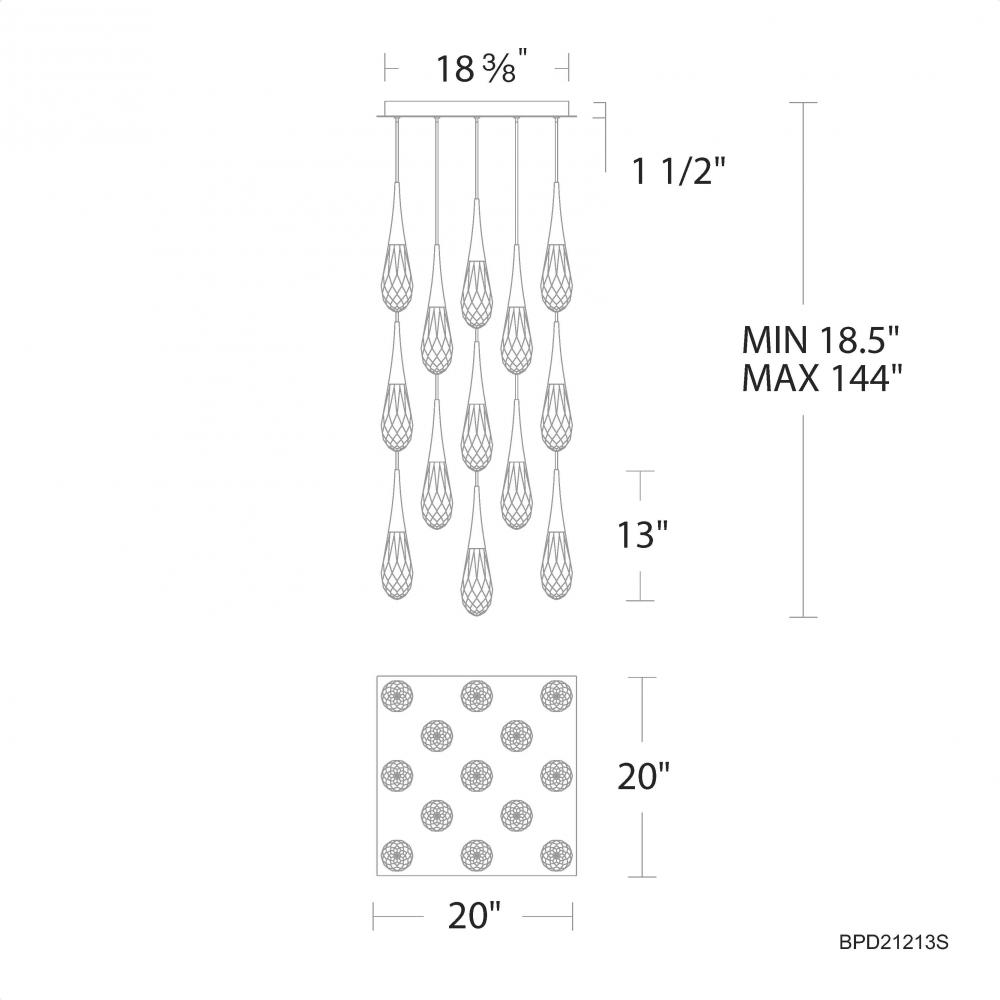 Hibiscus 13 Light 120-277V Multi-Light Pendant (Square Canopy) in Polished Nickel with Clear Optic
