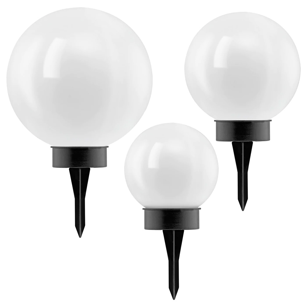 SET of 3 Solar LED Outdoor Path Lights w/ White Plastic Sphere Shades