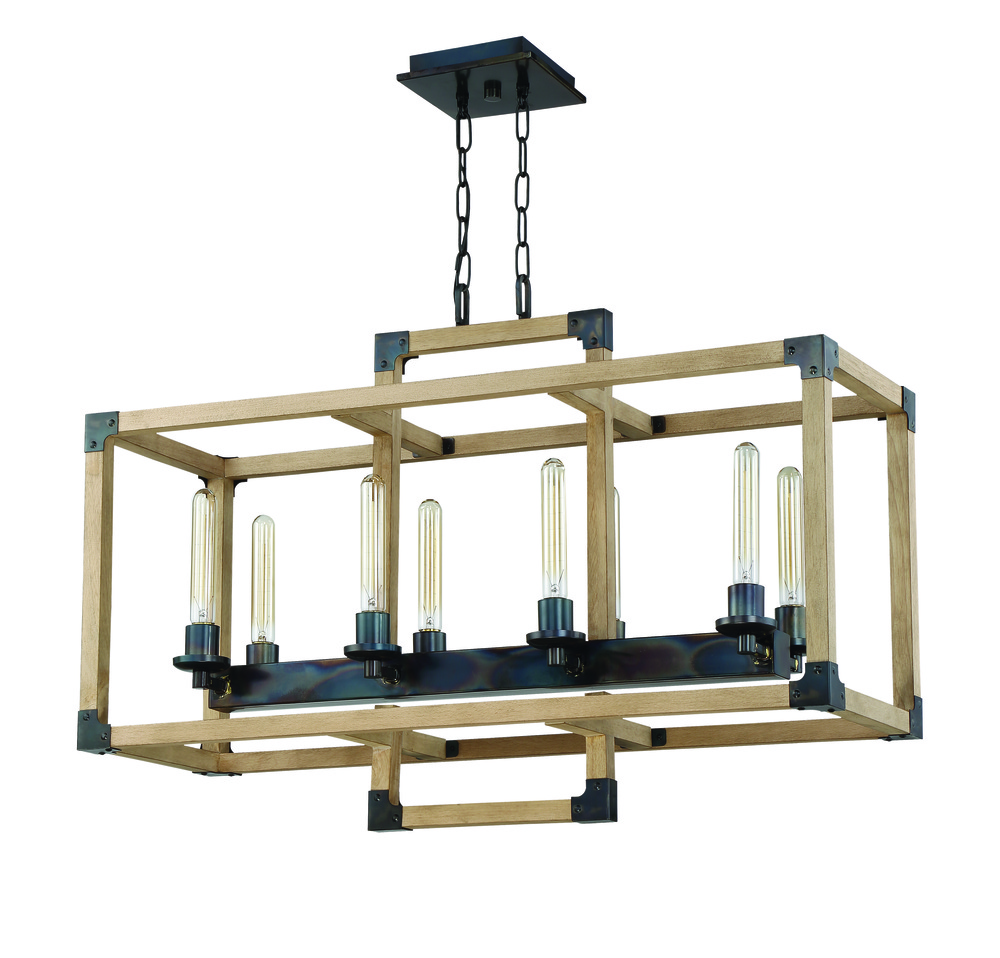 Cubic 8 Light Linear Chandelier in Fired Steel with Natural Wood