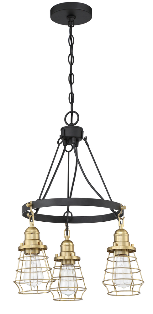 Thatcher 3 Light Down Chandelier in Flat Black/Satin Brass