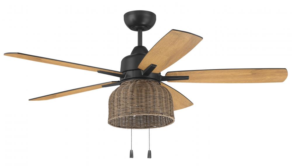 Woven 52" 5-Blade Indoor/Outdoor (Damp) Ceiling Fan in Flat Black w/ Flat Black/Pecan Blades
