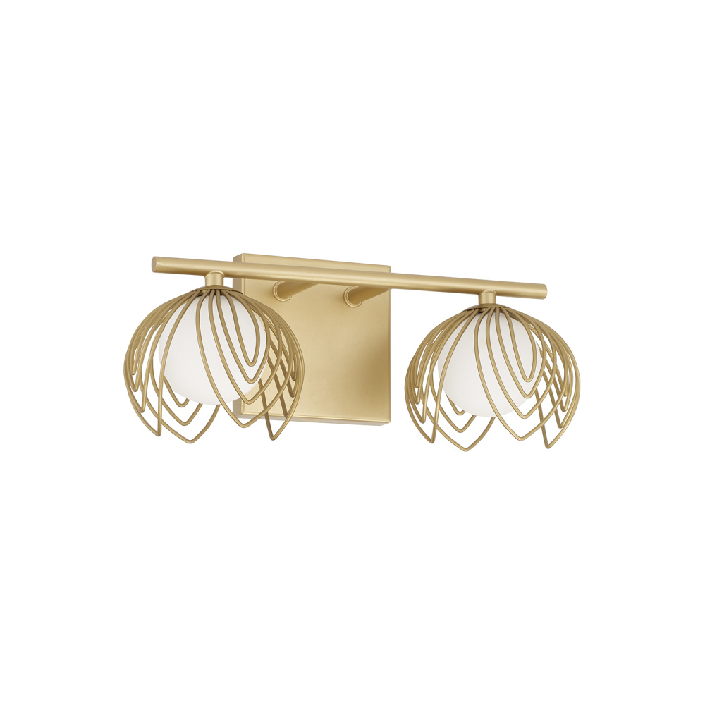 14" W x 6.25" H 2-Light Vanity in Buffed Gold with Bent Wire Petals and Soft White Glass Glo