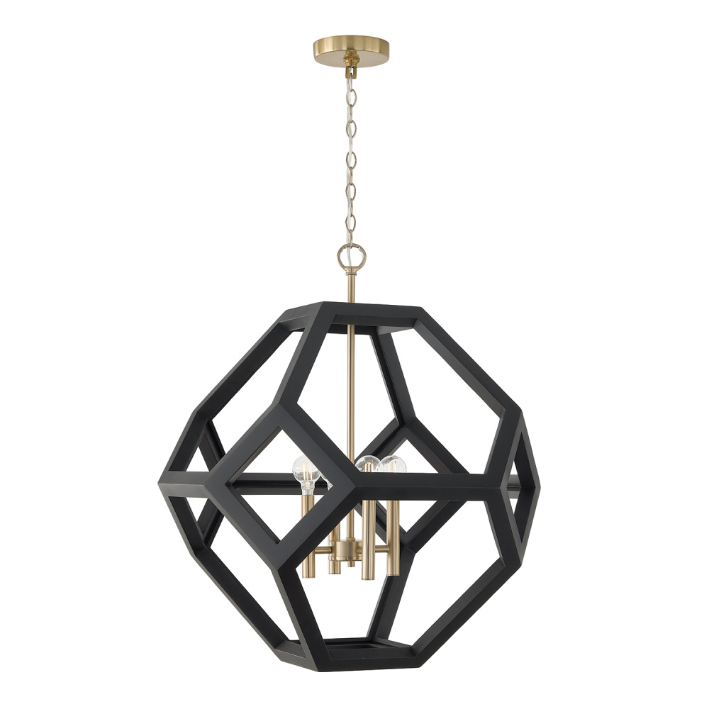 24" W x 28" H 4-Light Geometric Orb Pendant in Matte Brass with Handcrafted Mango Wood