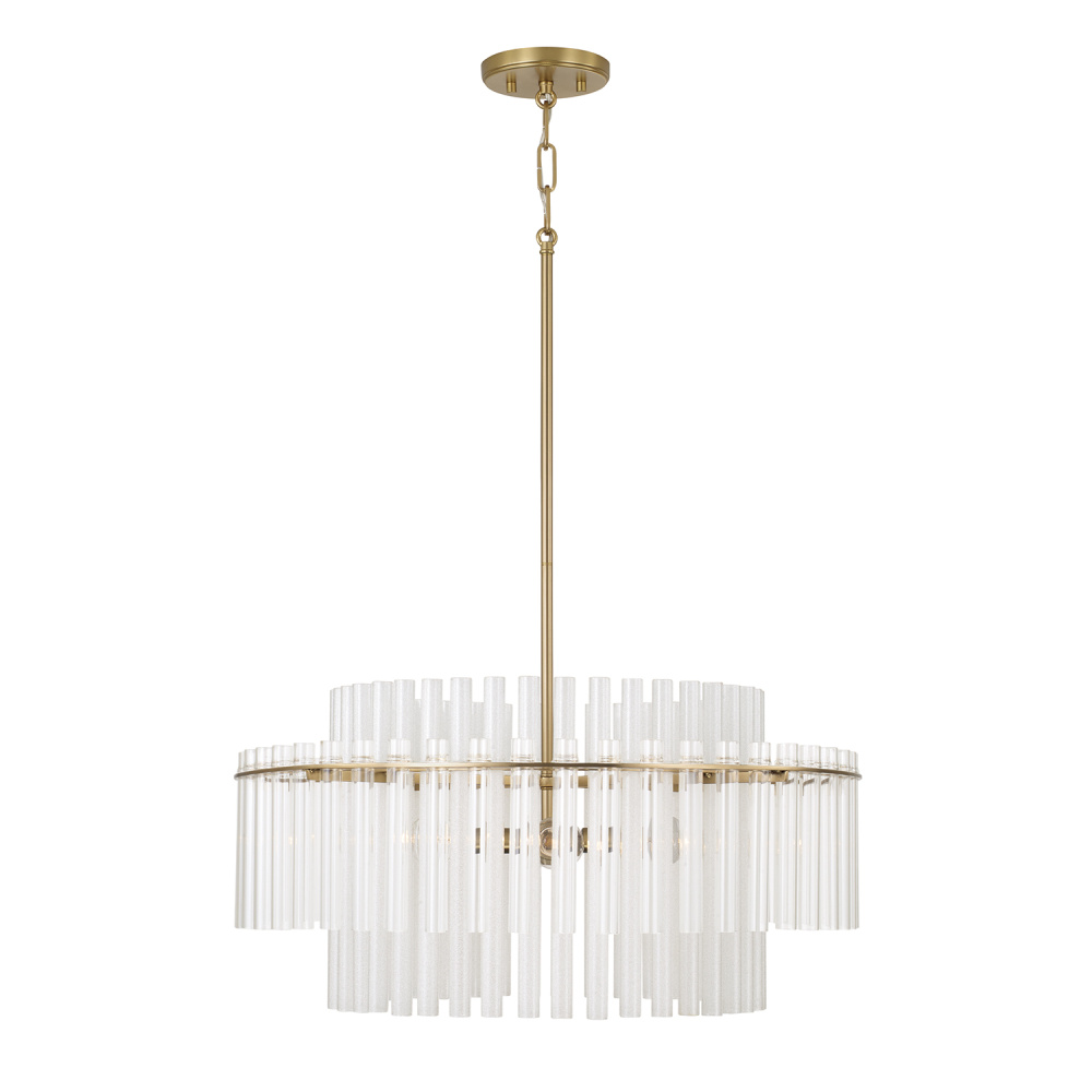 24" W x 17.25" H 4-Light Tiered Pendant in Aged Brass with Clear and Etched Glass Tubes