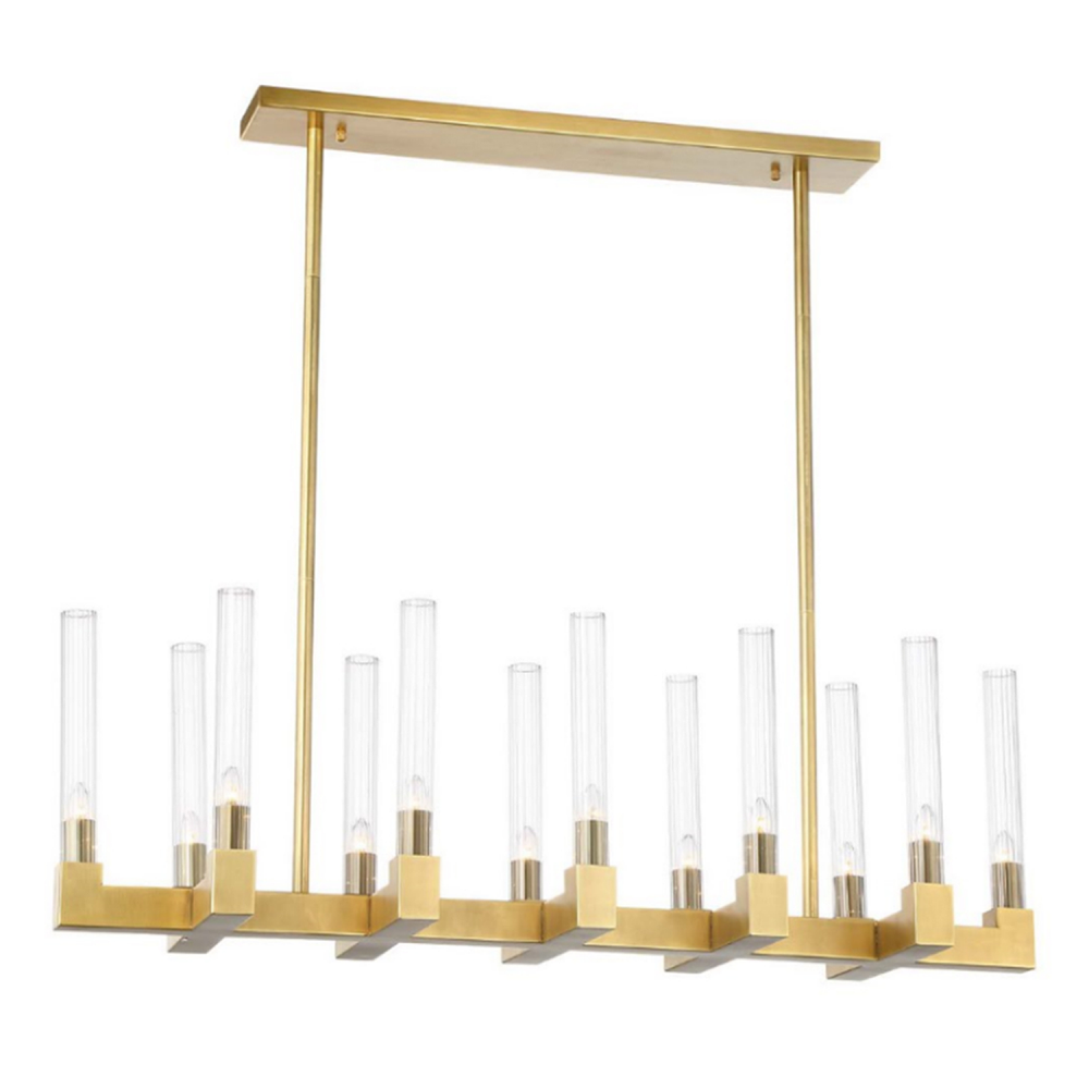 Placid 40" 12-Light, Fluted Glass Linear Chandelier in Aged Brass
