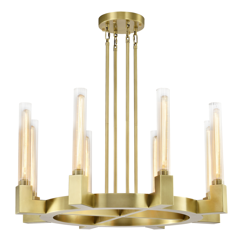 Placid 32" 8-Light, Fluted Glass Round Chandelier in Aged Brass