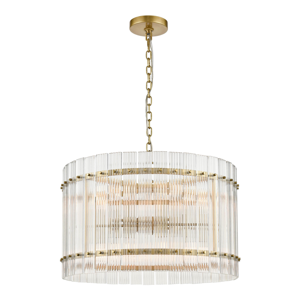 Allure 26" 12-Light, Fluted Glass Drum Chandelier in Aged Brass