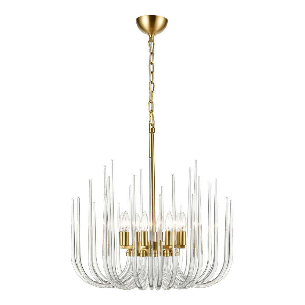 8-Light Solid Curved Clear Glass Polished Brass Pendant