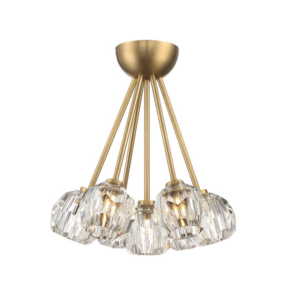 Parisian 15" 7-Light, Crystal Cluster Semi-Flush in Aged Brass