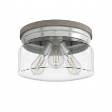 Hunter 19152 - Hunter Devon Park Brushed Nickel and Grey Wood with Clear Glass 3 Lt Flush Mount Ceiling Lt Fixture