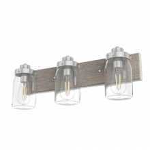 Hunter 48020 - Hunter Devon Park Brushed Nickel and Grey Wood with Clear Glass 3 Lt Bathroom Vanity Wall Lt Fixture