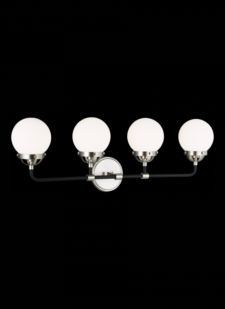 Cafe mid-century modern 4-light LED indoor dimmable bath vanity wall sconce in brushed nickel silver