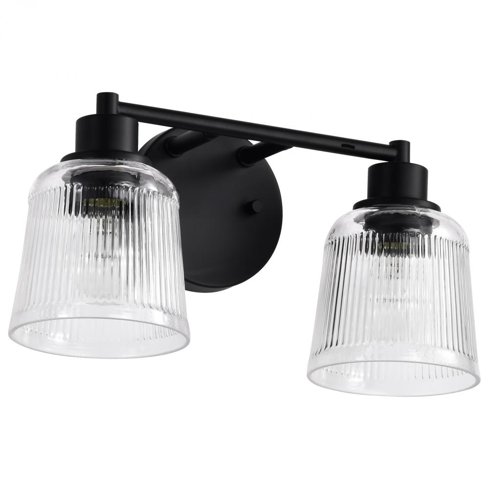 Grayson; 2 Light Vanity; Matte Black Finish; Clear Ribbed Glass